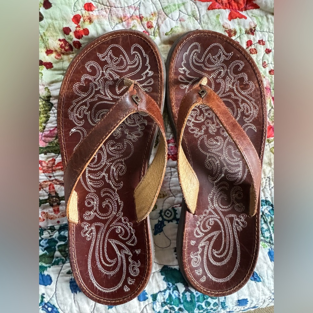 OluKai Tan and Brown Leather Sandals